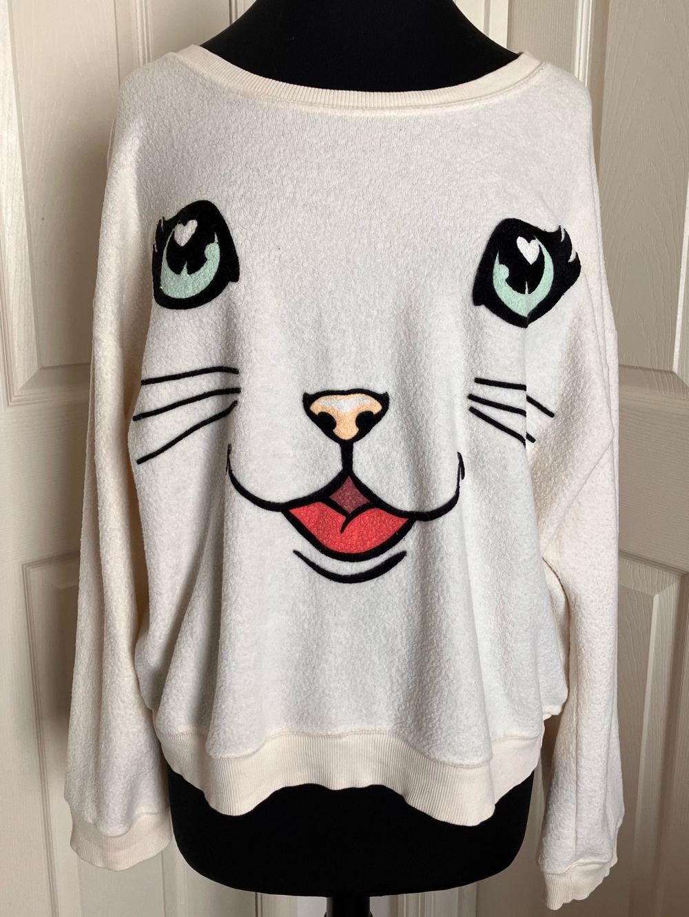 EUC Wildfox Couture “Happy Cat Face” BBJ Oversized Graphic Sweatshirt Ivory Sz S